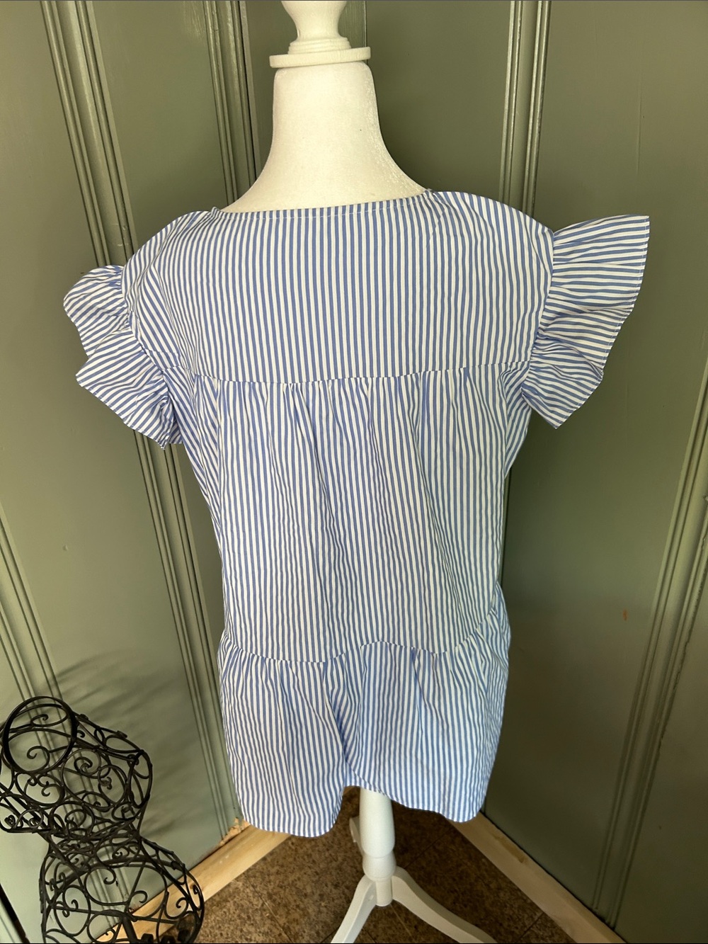 Blue Striped Ruffle Sleeve Women's Top - Picture 3 of 3